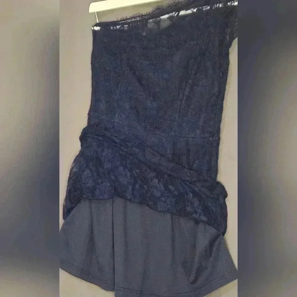 Women's/teen lace off the shoulder one strap Navy blue short dress with pockets. - Picture 8 of 8